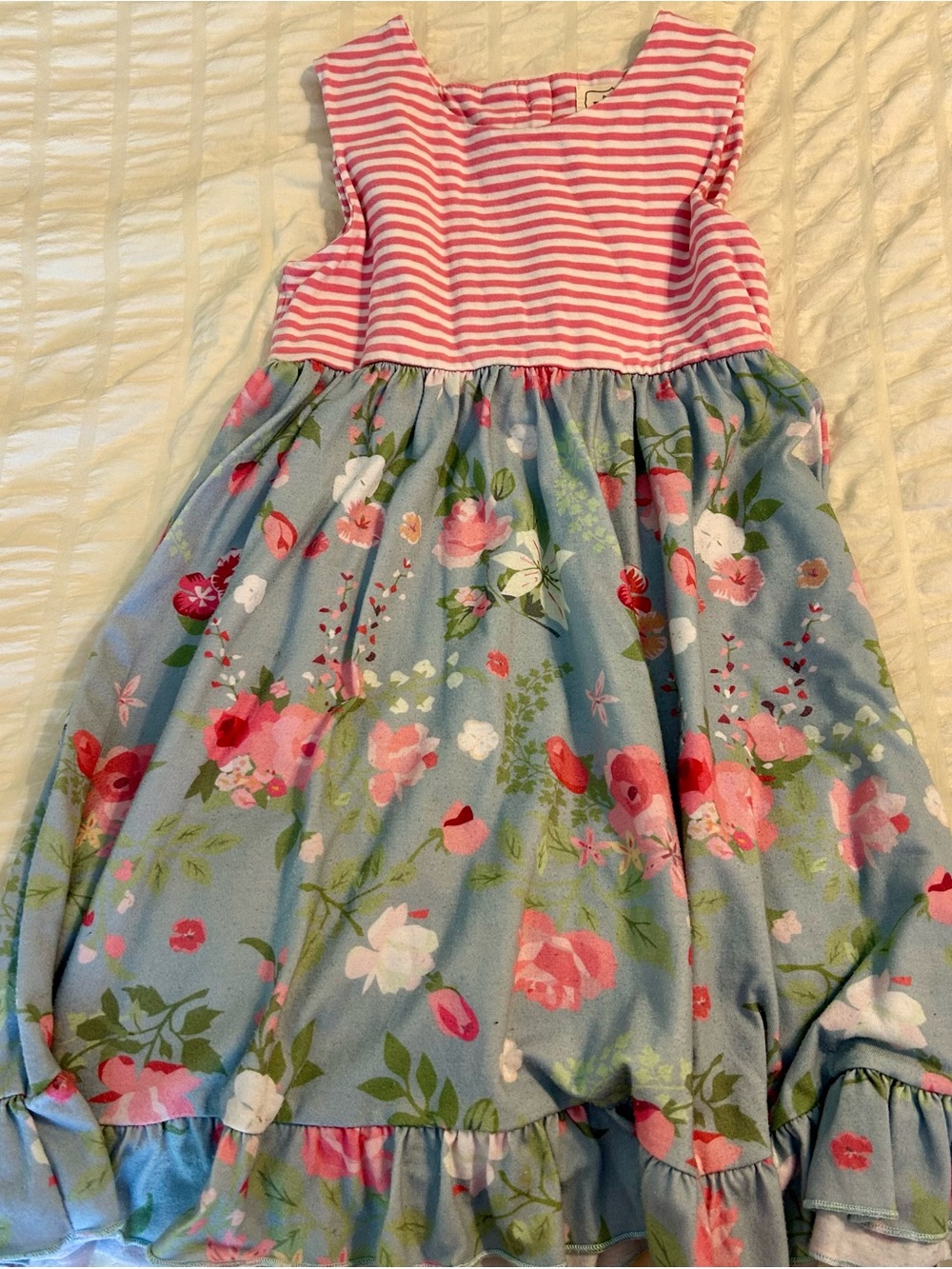 Girls Pink Striped & Blue Floral Casual Dress